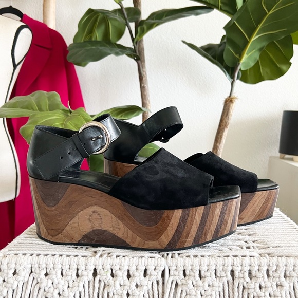 Celine Suede Mixed Wood Block 80s Style Platform Sandals - Picture 2 of 11